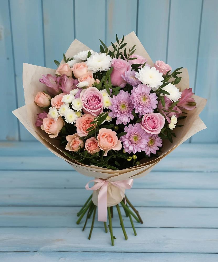 Букет цветов из: Хризантемы, Розы и Альстромерии в Поселок дома отдыха Озера