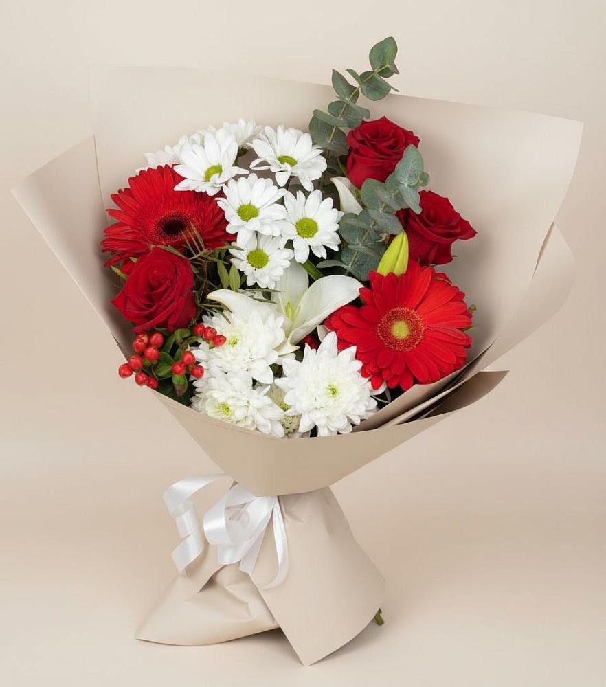 Букет цветов из: Розы, Хризантемы, Герберы и Лилии в Поселок дома отдыха Озера
